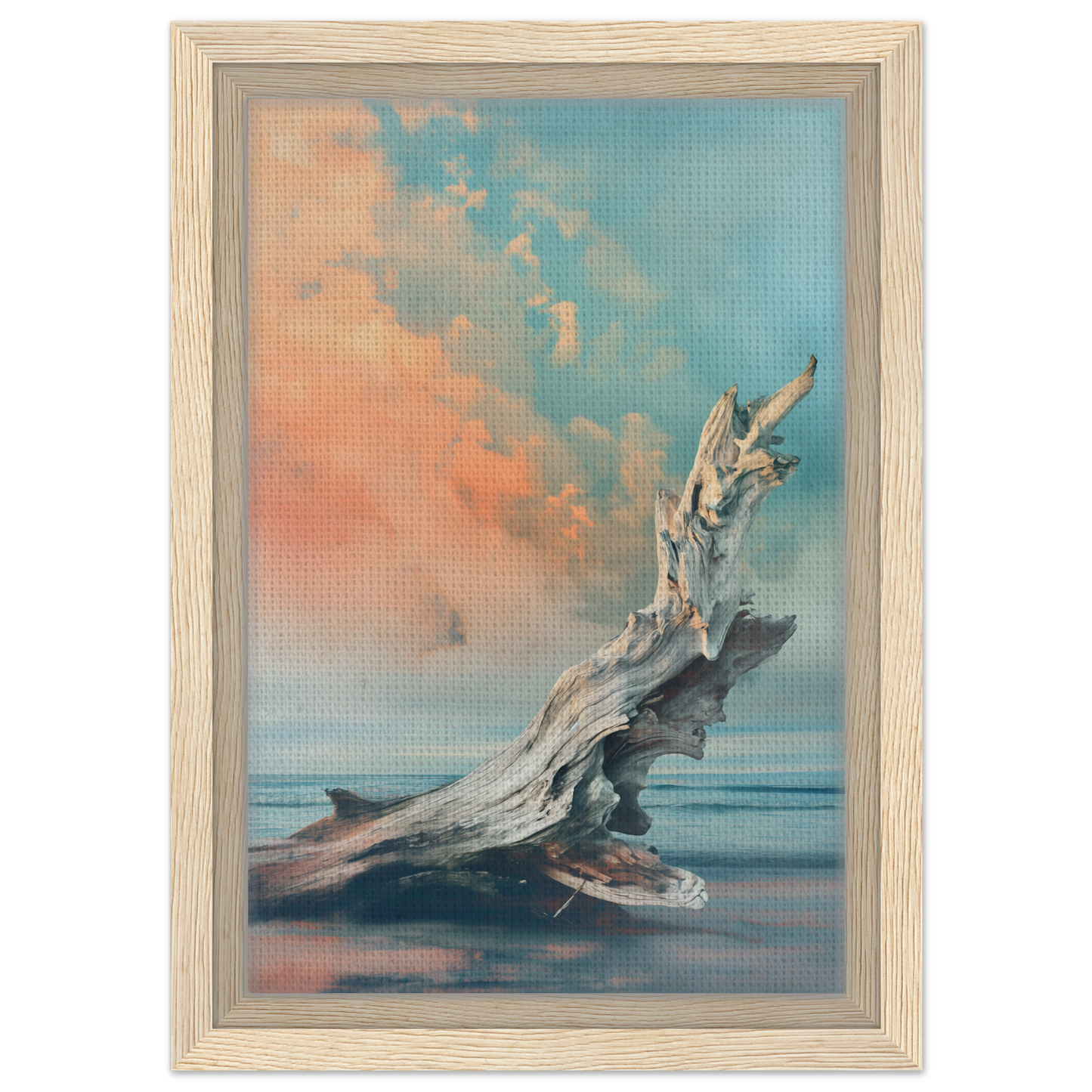 Weathered driftwood on a beach, featured in the Driftwood Miragesauté framed canvas print