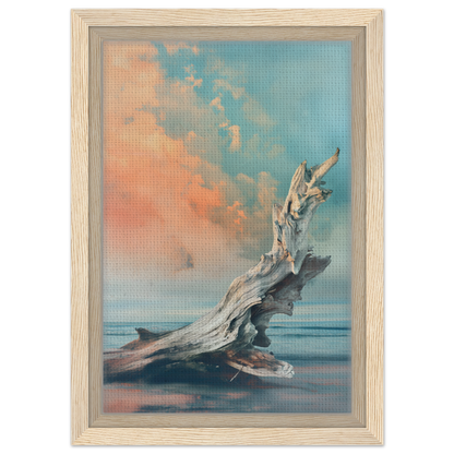 Weathered driftwood on a beach, featured in the Driftwood Miragesauté framed canvas print