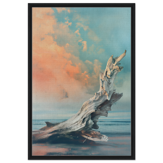 Weathered driftwood log in water with colorful sky, featured in Driftwood Miragesauté framed canvas