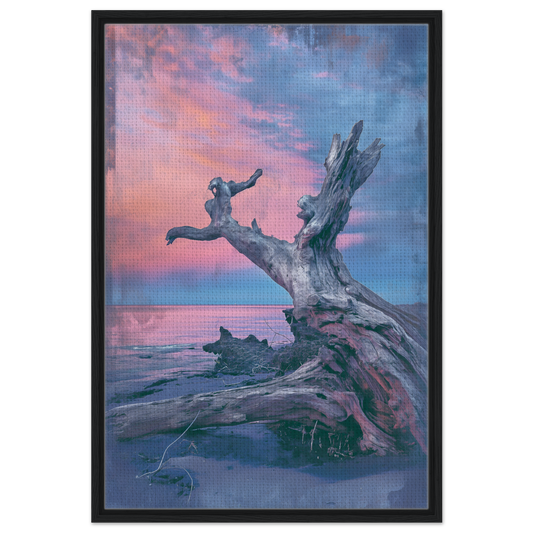 Gnarled driftwood branch at sunset featured in Driftwood’s Cosmic Dance framed canvas print