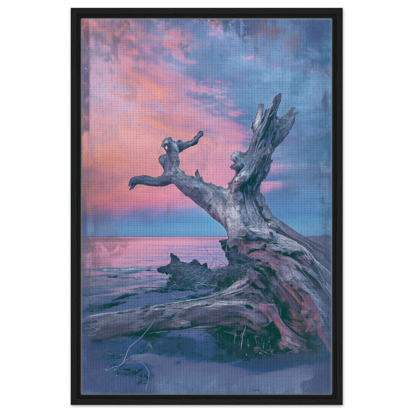 Gnarled driftwood tree trunk at sunset with figure, perfect for Driftwood’s Eternity Canvas