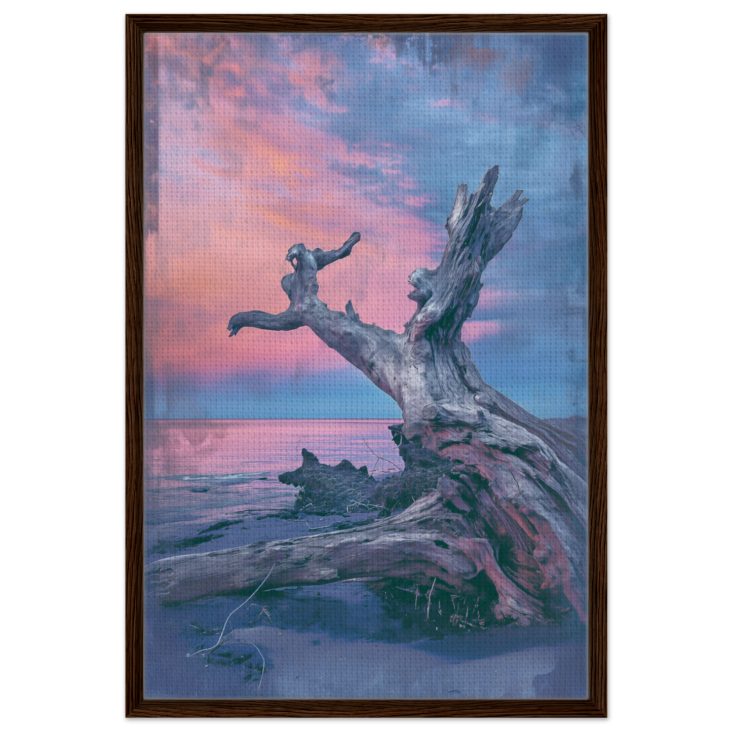 Gnarled driftwood tree branch on a beach at sunset in Driftwood’s Eternity Canvas