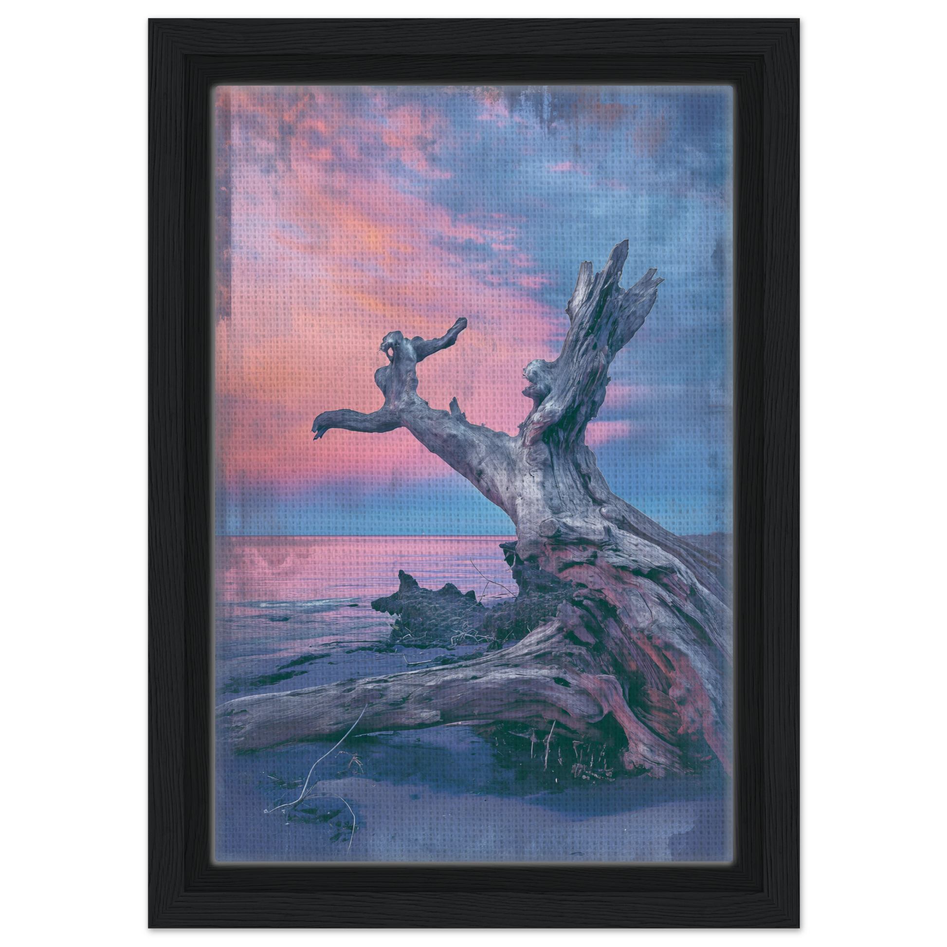 Gnarled driftwood branch at sunset on Driftwood’s Eternity Canvas for elegant room decor