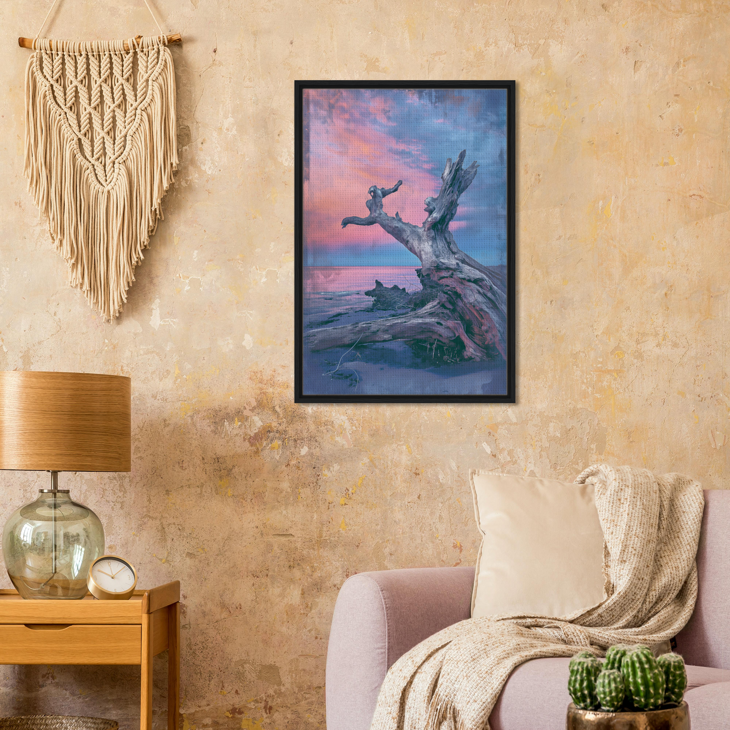 Framed artwork of a figure leaping from a tree against a colorful sky on Driftwood’s Eternity Canvas