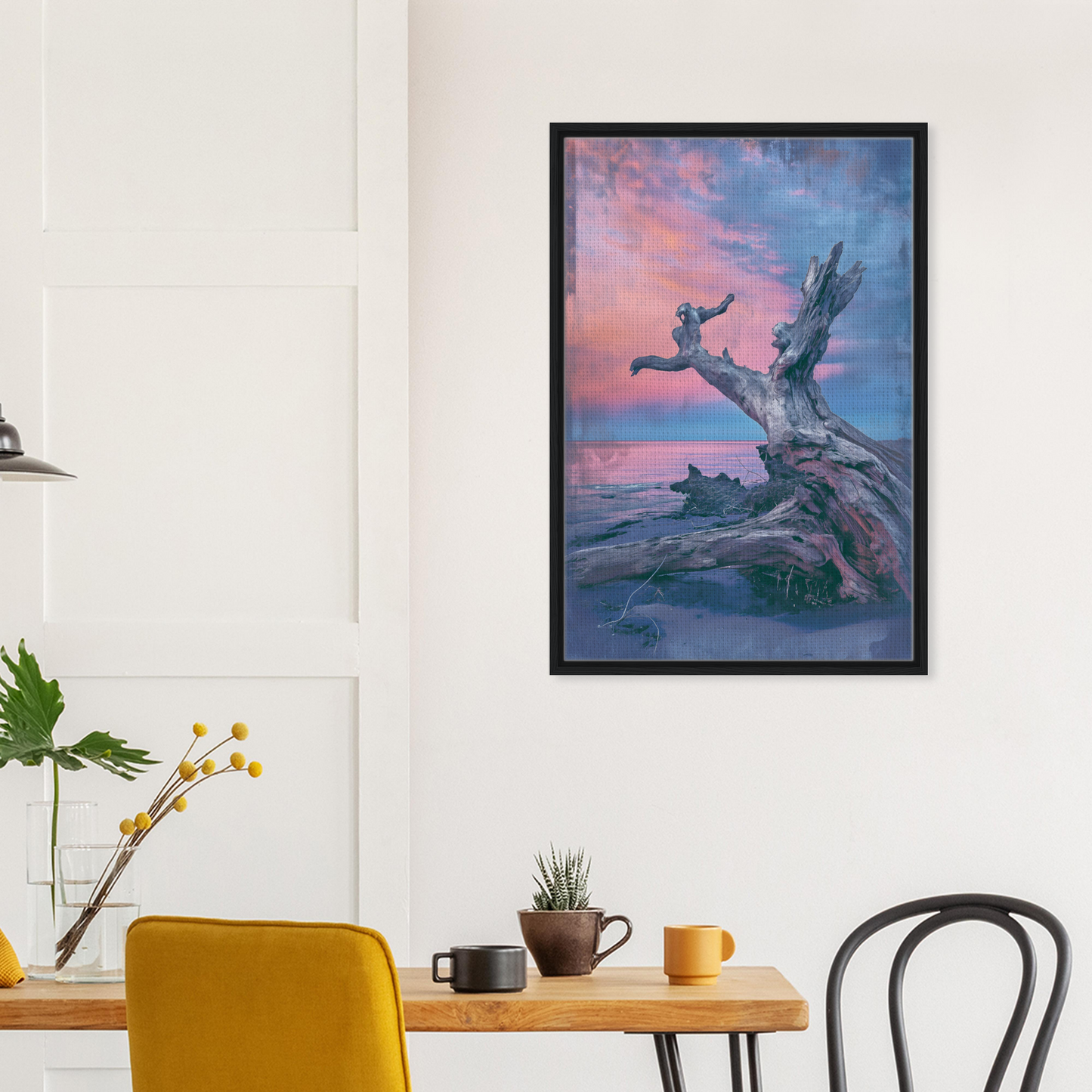 Framed painting of a gnarled tree with a vibrant sky, ideal for Driftwood’s Eternity Canvas room decor