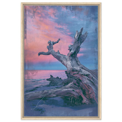 Gnarled driftwood log at sunset with a small animal atop, featured in Driftwood’s Eternity Canvas