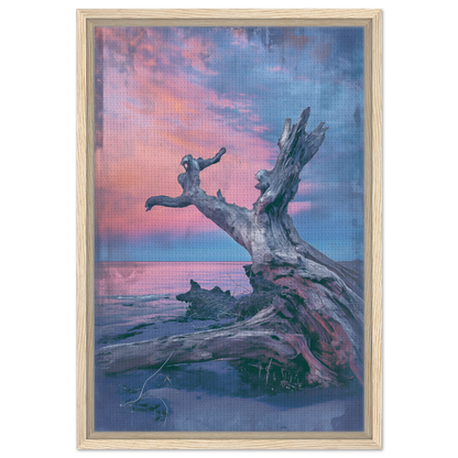 Driftwood tree trunk on a beach with a silhouetted jumper for Driftwood’s Eternity Canvas