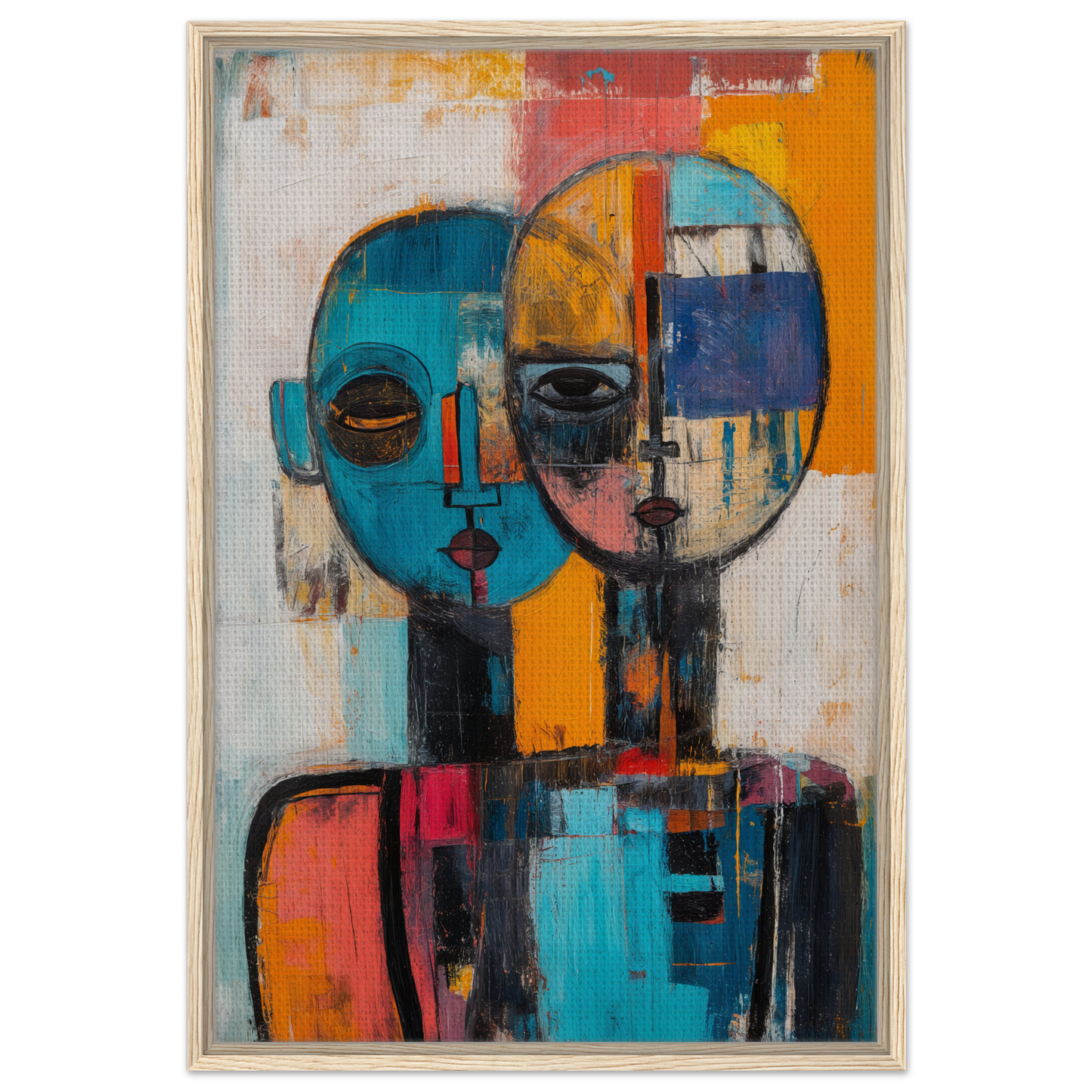 Abstract painting of a stylized face in vibrant colors on Dual Serenity Canvas