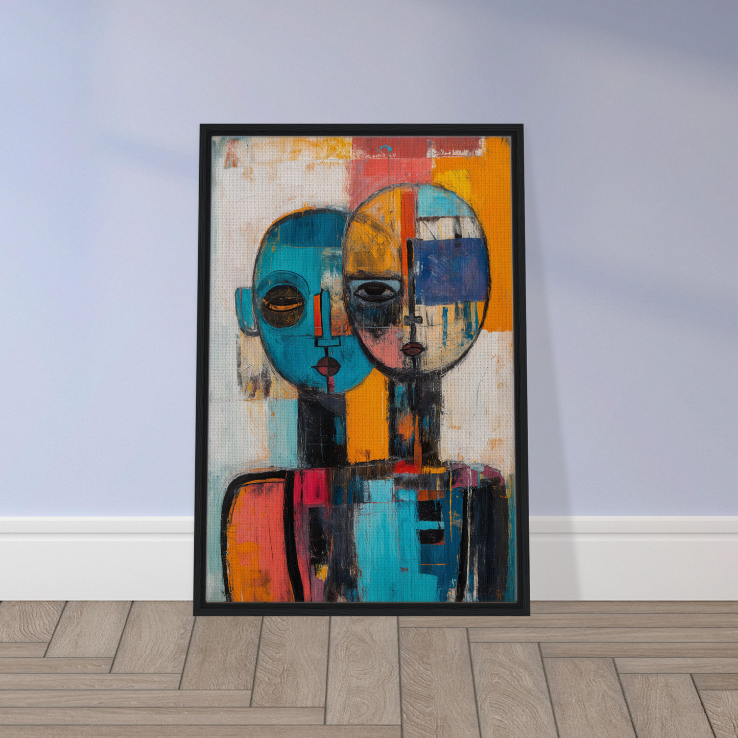 Abstract painting of two faces in vibrant colors on Dual Serenity Canvas framed print