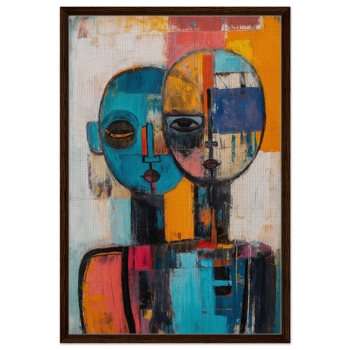 Abstract painting of two overlapping faces in vibrant colors on Dual Serenity Canvas