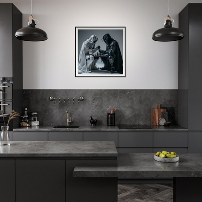 Modern dark gray kitchen featuring Duality Chess Dreamscape framed poster and pendant lights