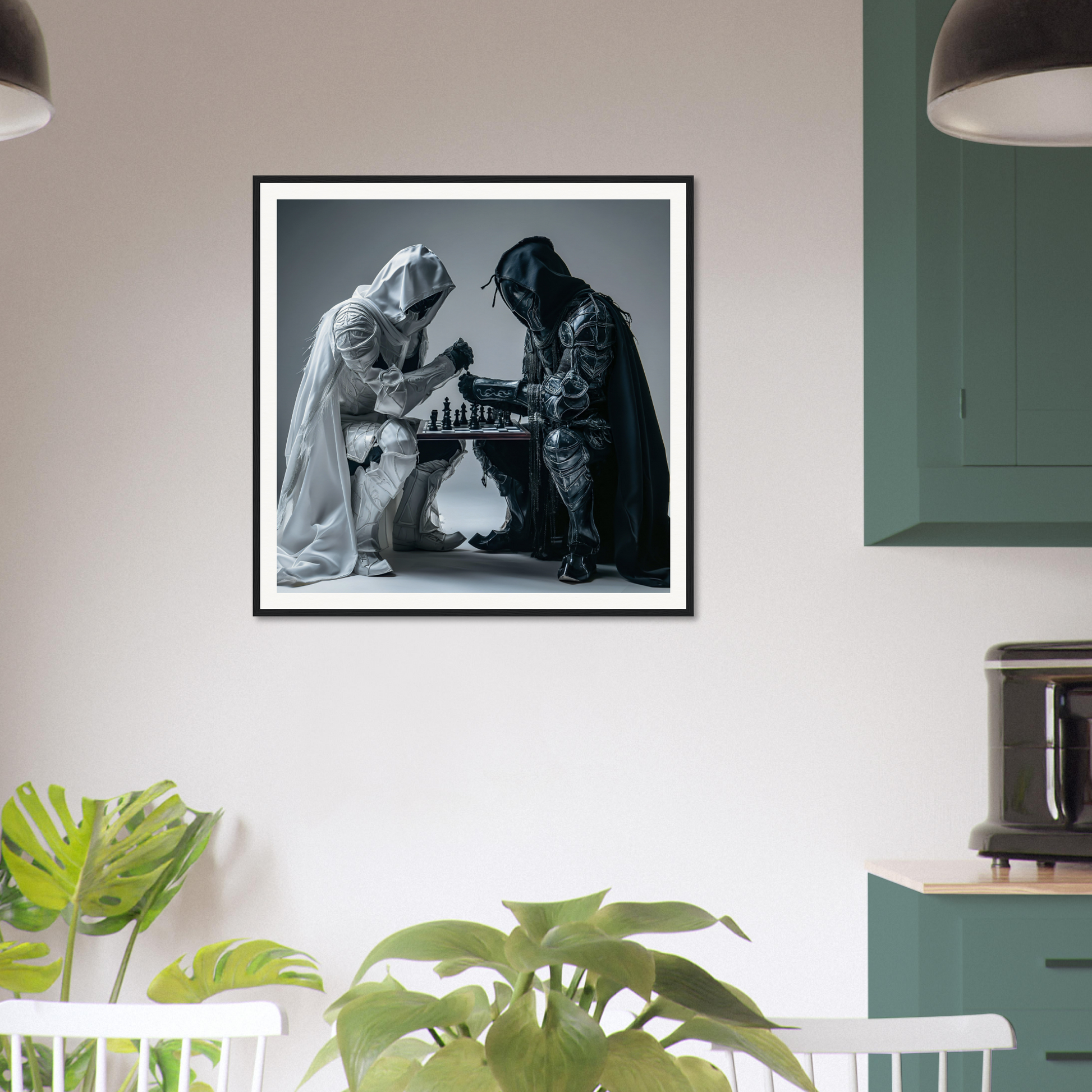 Framed black and white photo of hooded figures playing chess in Duality Chess Dreamscape