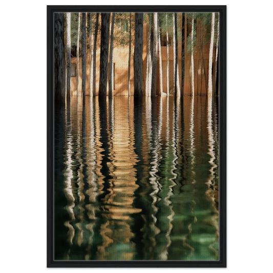 Framed canvas wall art of tree trunks reflecting in water enhances room decor with Duality Evolved Sylvan