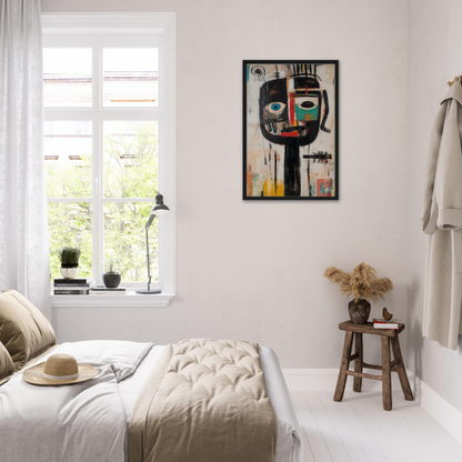 Bright minimalist bedroom featuring Duality Tribescape Visions abstract portrait as room decor