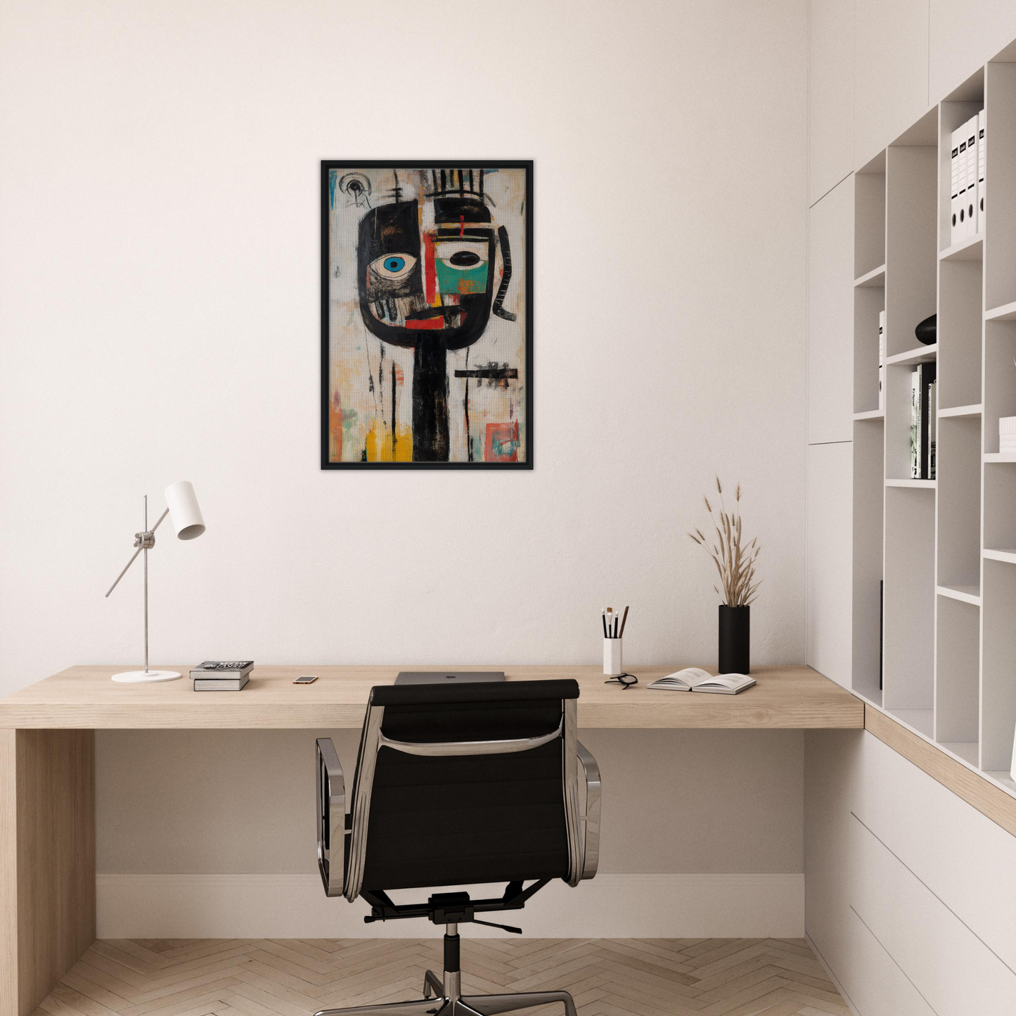 Modern home office featuring Duality Tribescape Visions art and minimalist desk design