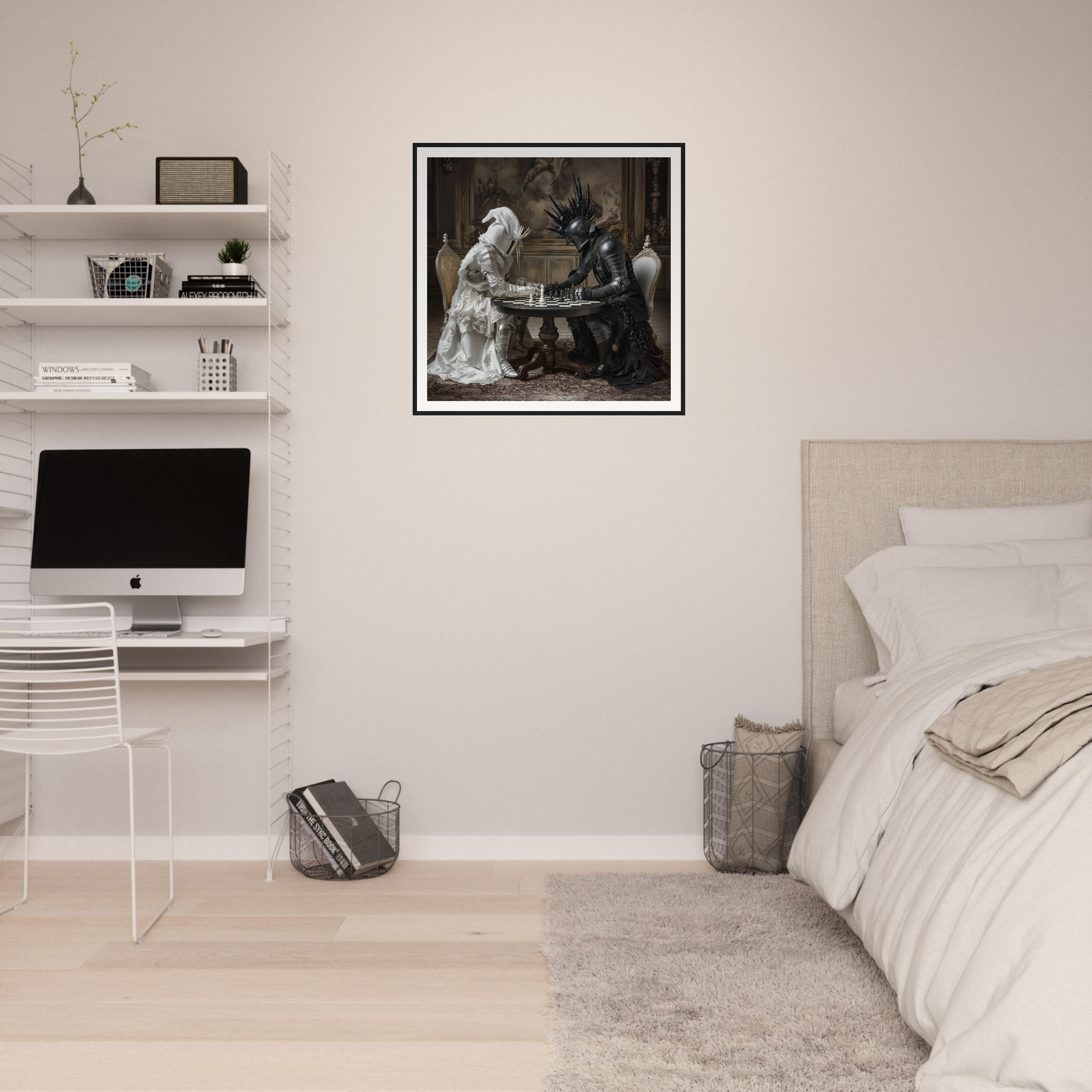 Minimalist bedroom featuring floating shelves and iMac from Duelling Nightmares’ Vision