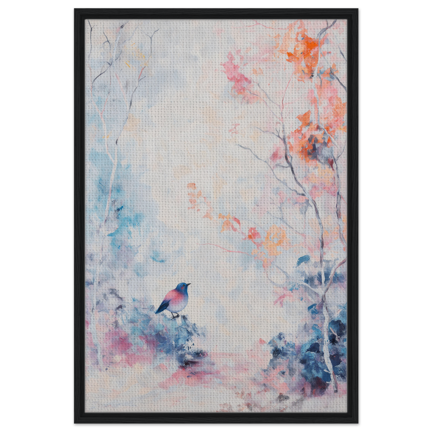 Framed watercolor painting of delicate flowers and a bird, ideal for Dusk Bird Whisper room decor