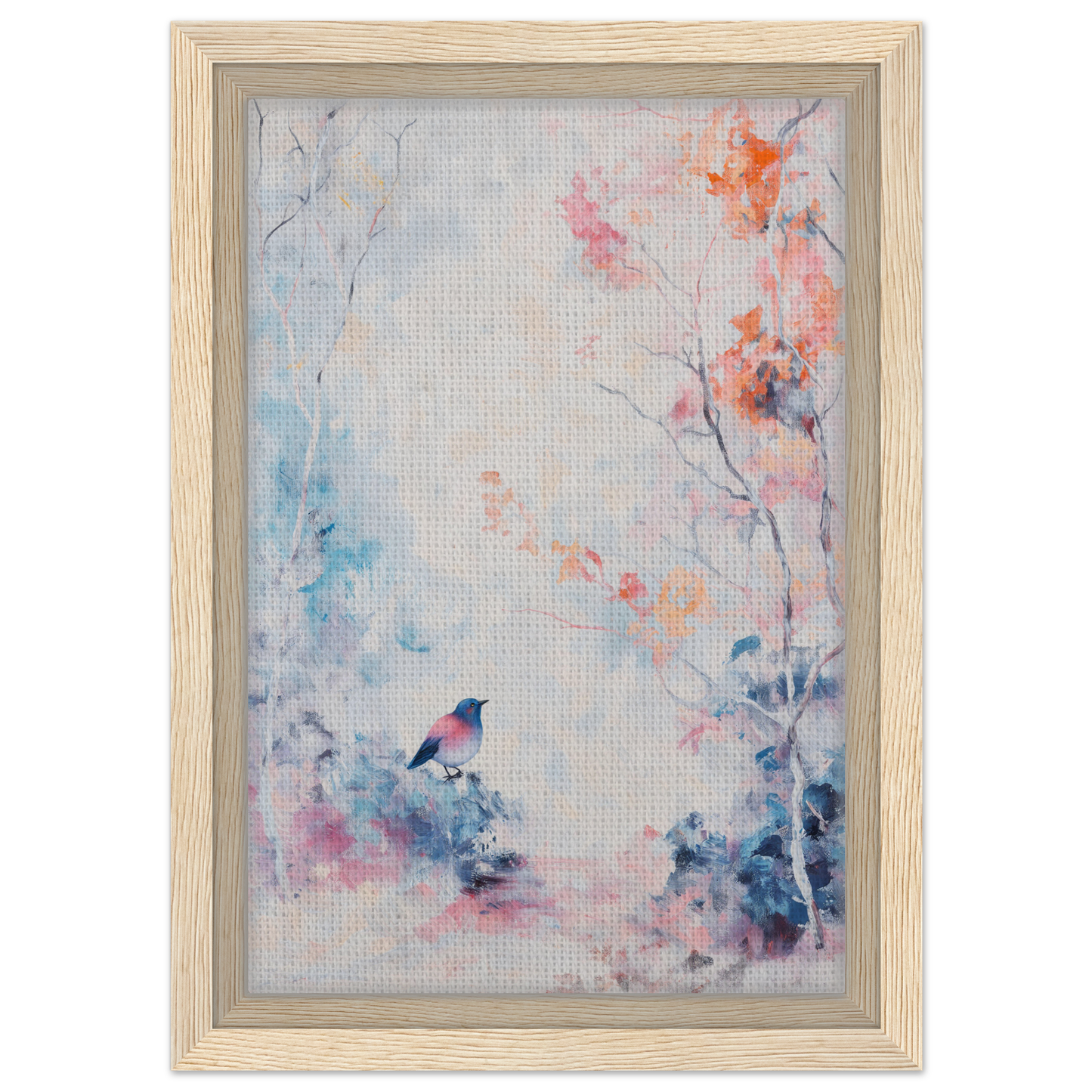 Framed watercolor painting of a small bird in a delicate nature scene for Dusk Bird Whisper room decor