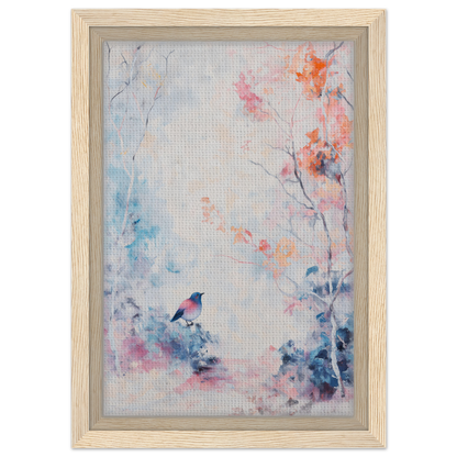 Framed watercolor painting of a small bird in a delicate nature scene for Dusk Bird Whisper room decor