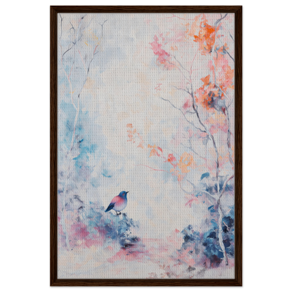 Framed canvas print of Dusk Bird Whisper with a small bird among floral elements