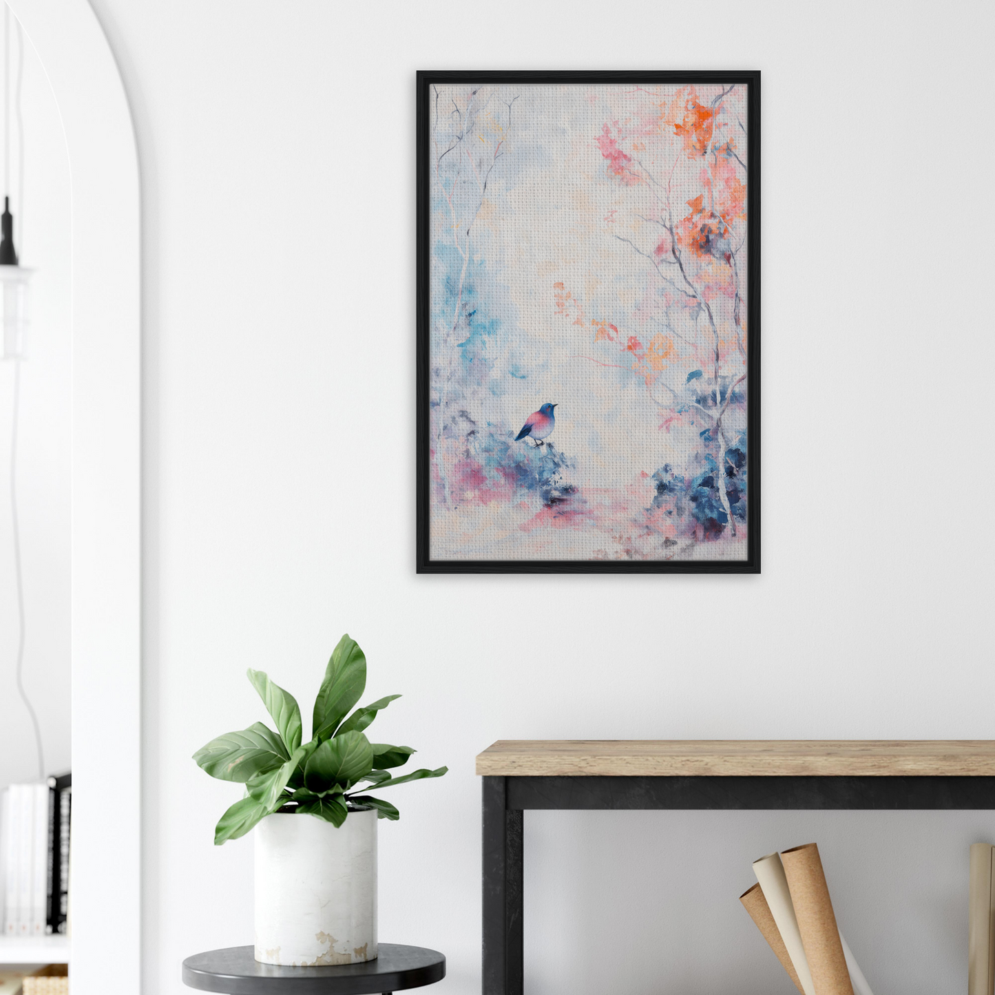 Abstract painting in soft pastel colors, part of the Dusk Bird Whisper framed canvas wall decor