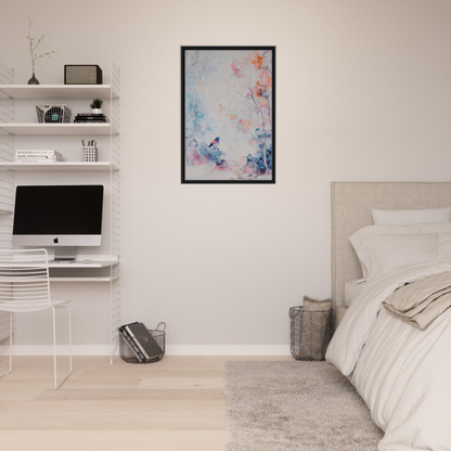 Minimalist bedroom featuring Dusk Bird Whisper framed canvas wall art and modern decor