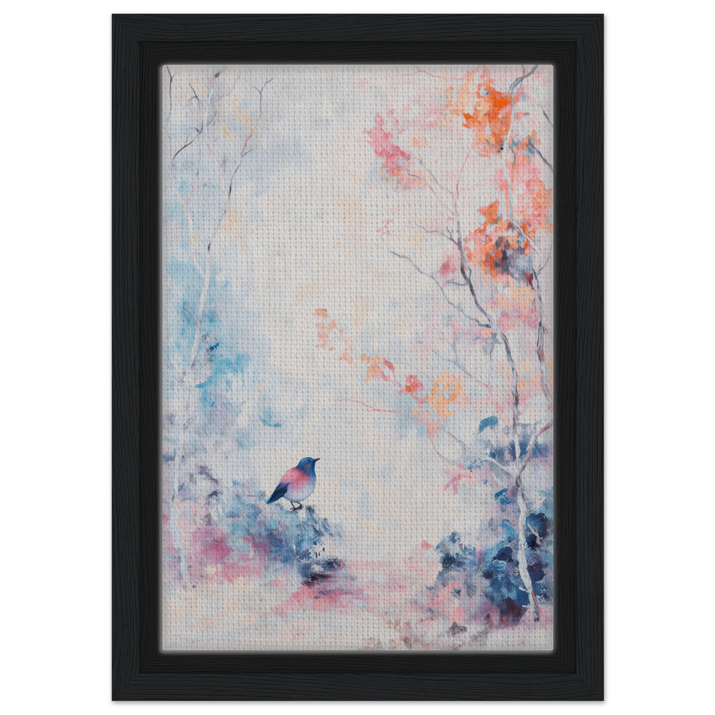 Framed canvas print Dusk Bird Whisper featuring a small bird amidst pastel florals