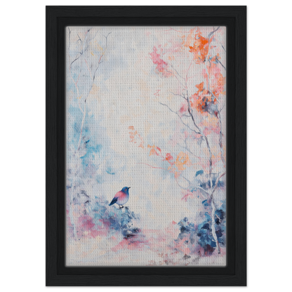 Framed canvas print Dusk Bird Whisper featuring a small bird amidst pastel florals