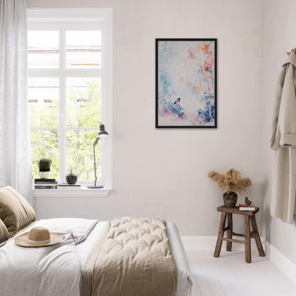 Bright, airy bedroom with white decor and pastel accents featuring Dusk Bird Whisper canvas