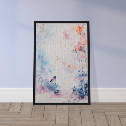 Framed canvas print of Dusk Bird Whisper with floral and bird motifs in pastel hues