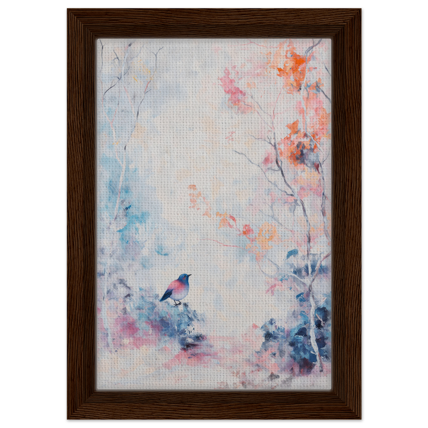 Framed canvas wall art Dusk Bird Whisper with a small bird and floral elements