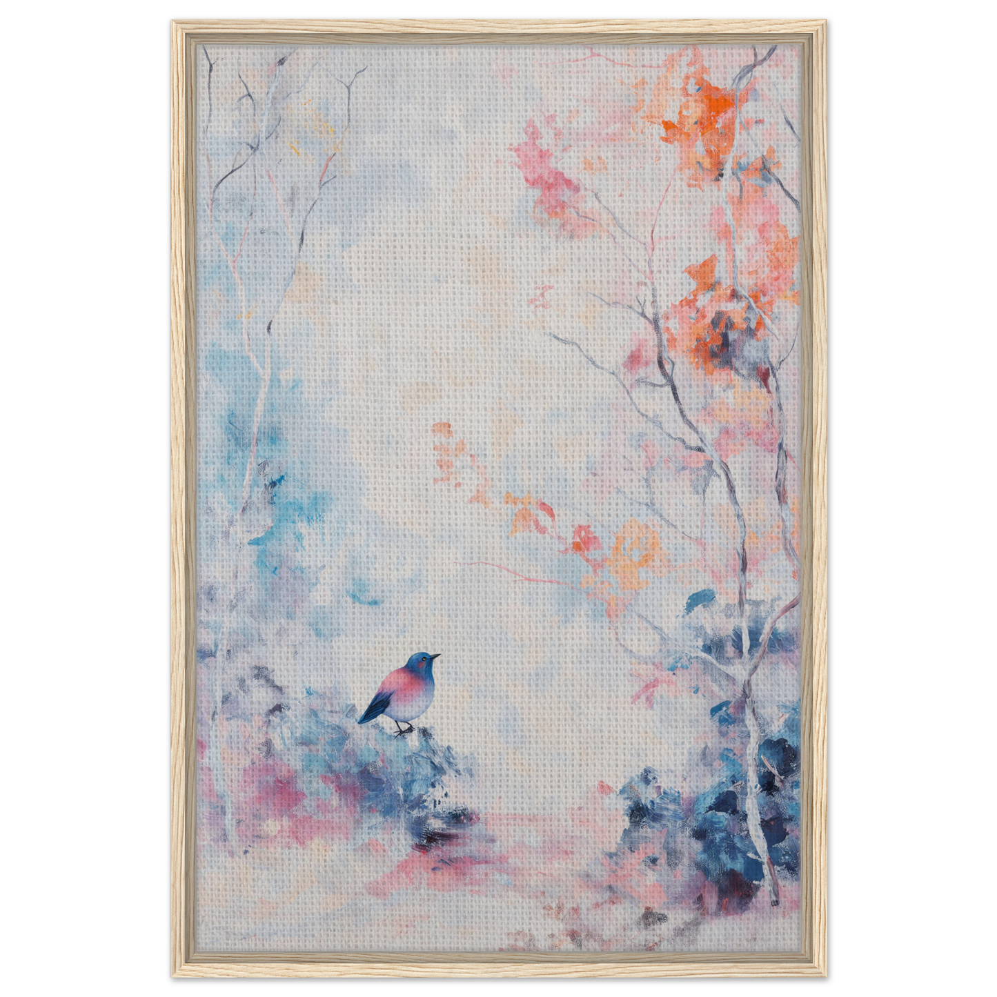 Framed canvas print of Dusk Bird Whisper with delicate floral elements and a small bird