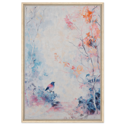 Framed canvas print of Dusk Bird Whisper with delicate floral elements and a small bird