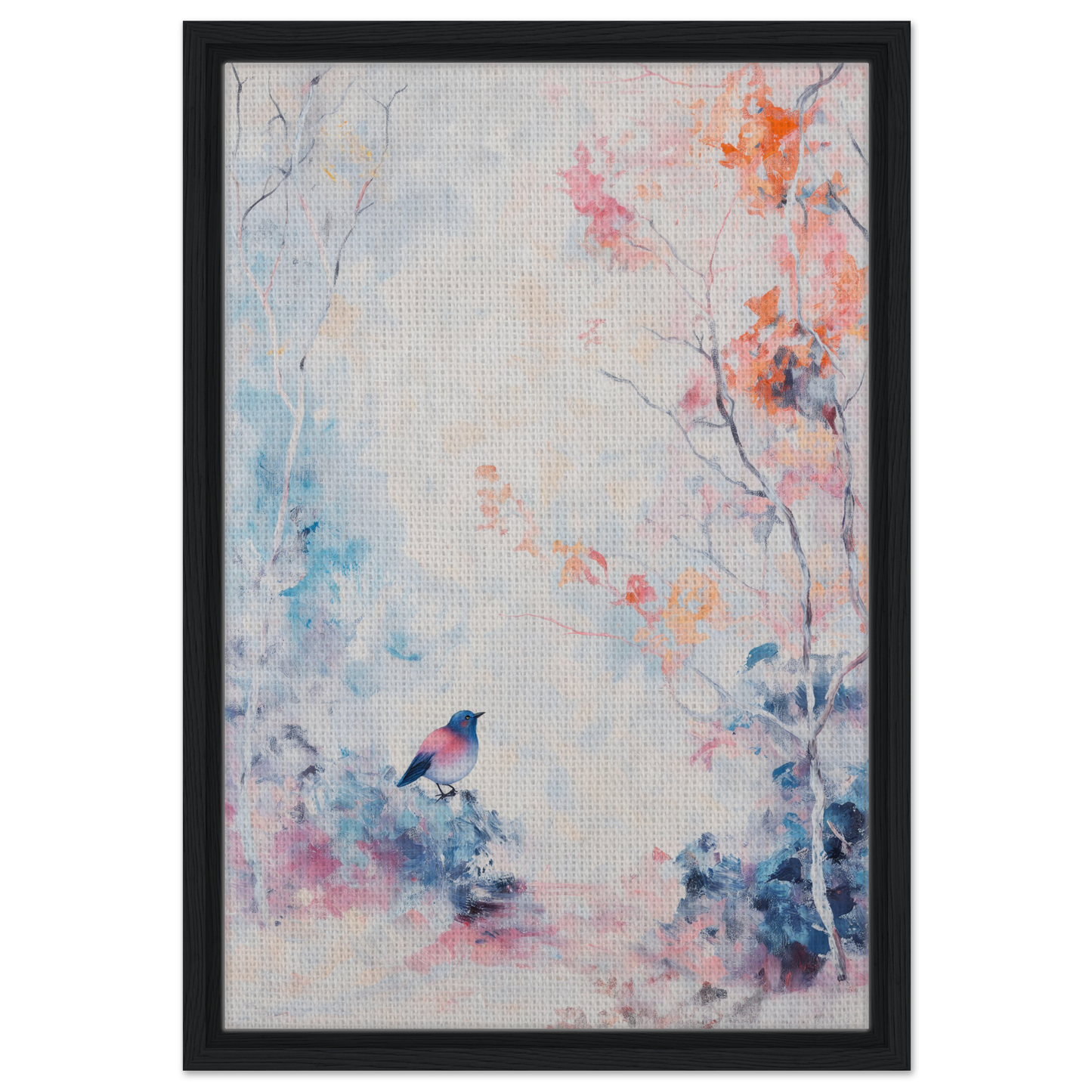 Framed abstract watercolor painting Dusk Bird Whisper with floral elements and a bird