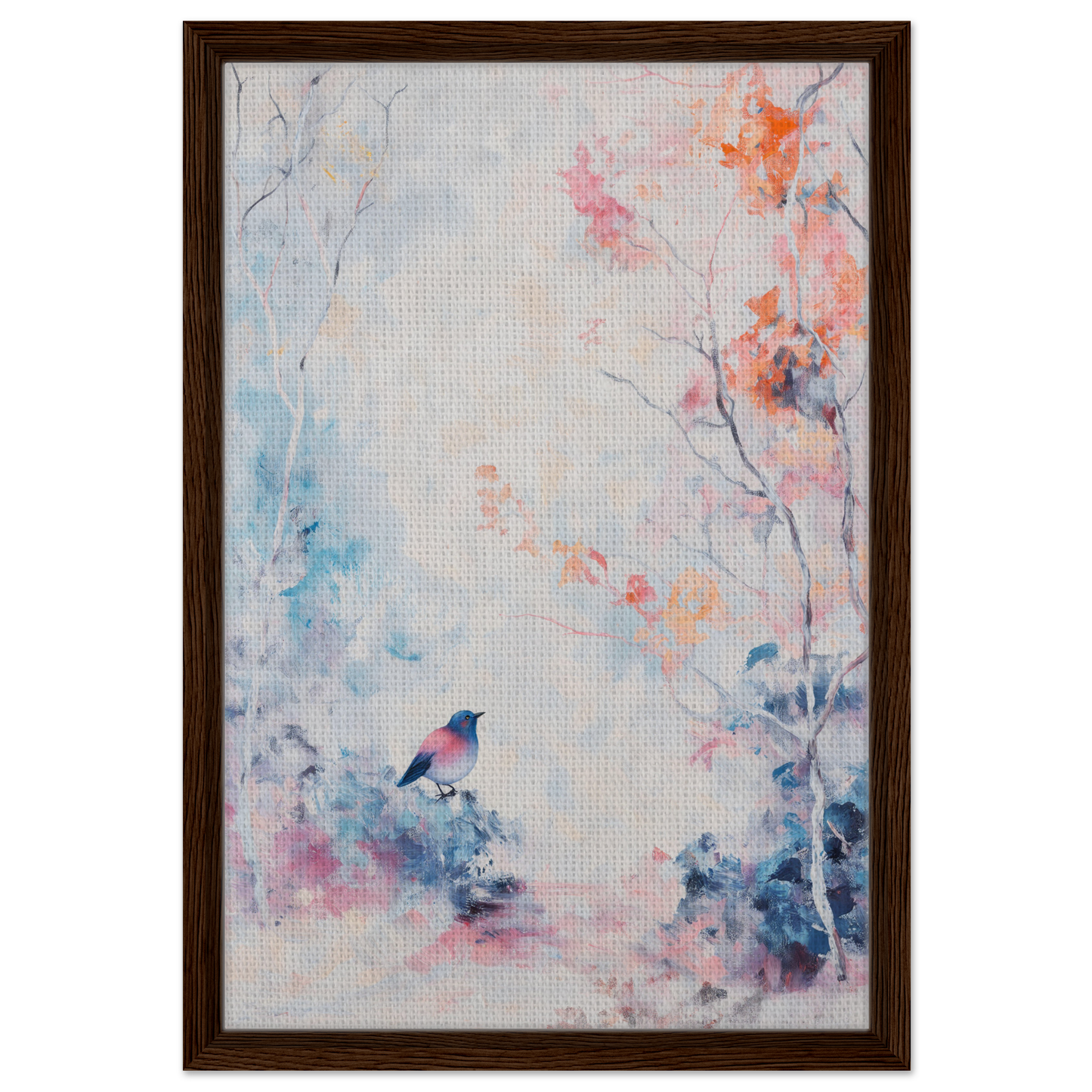 Framed watercolor painting of flowers and a bird for Dusk Bird Whisper room decor