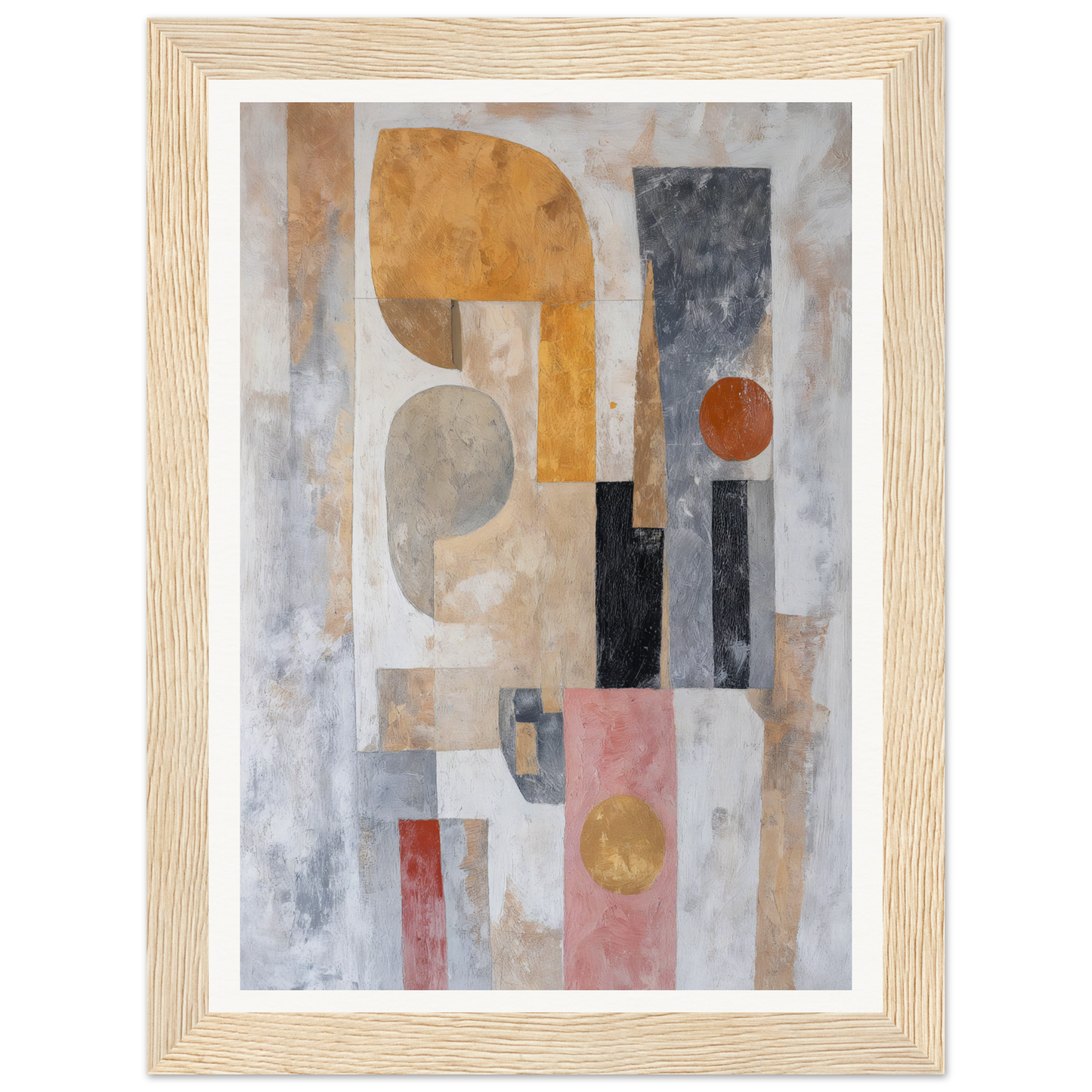 Framed wall art with geometric shapes in earthy tones, perfect for interior design.