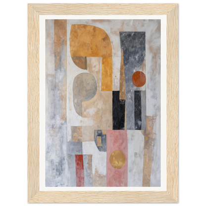 Framed wall art with geometric shapes in earthy tones, perfect for interior design.