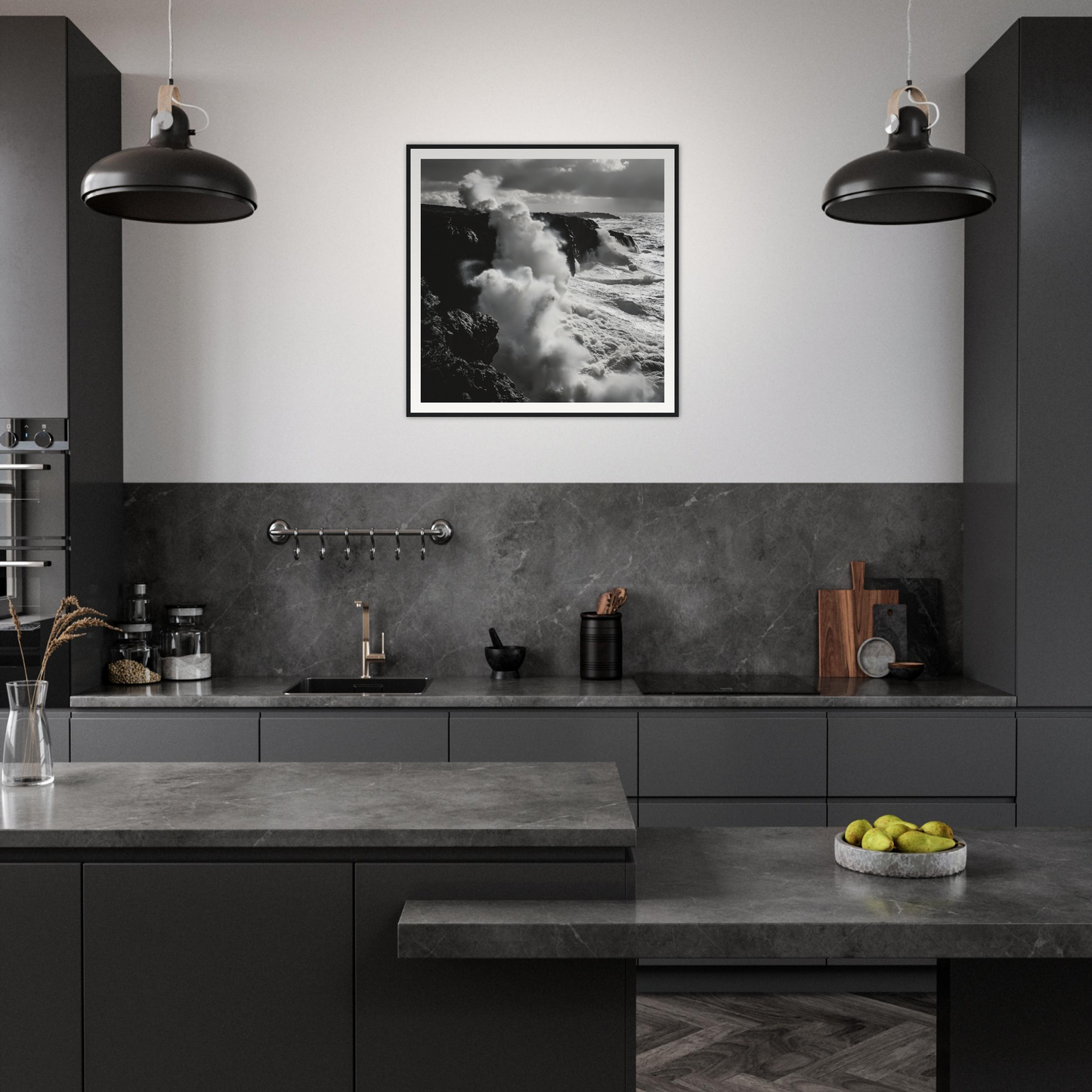 Modern dark gray kitchen featuring Ocean Roars Symphony framed poster and industrial lights