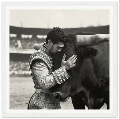 Matador in ornate suit embracing bull’s head in Bovine-passo Solo framed wall art