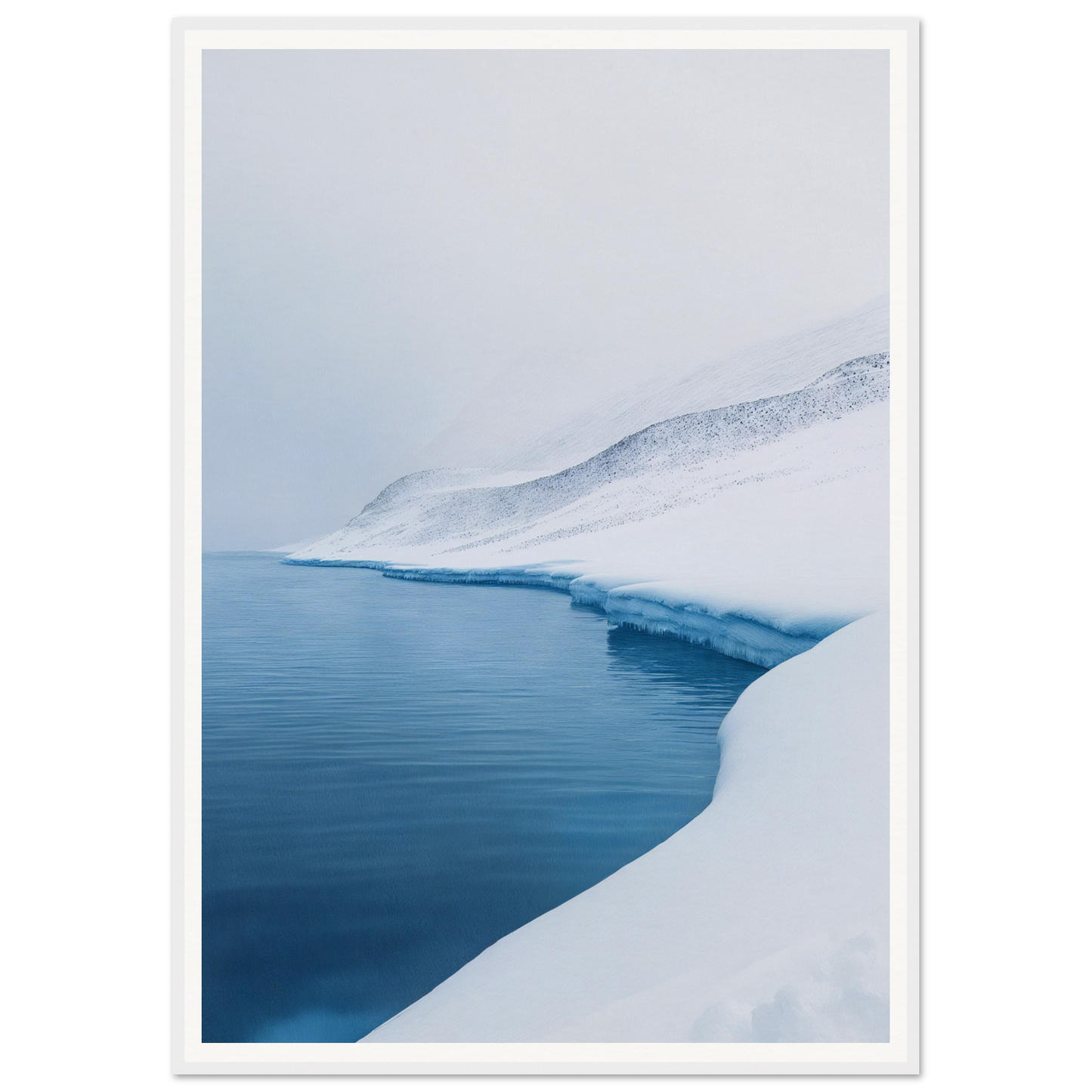 Snow-covered landscape and icy shoreline, perfect as framed wall art for interior design.