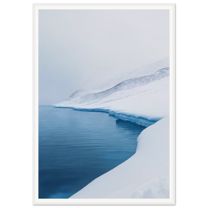 Snow-covered landscape and icy shoreline, perfect as framed wall art for interior design.