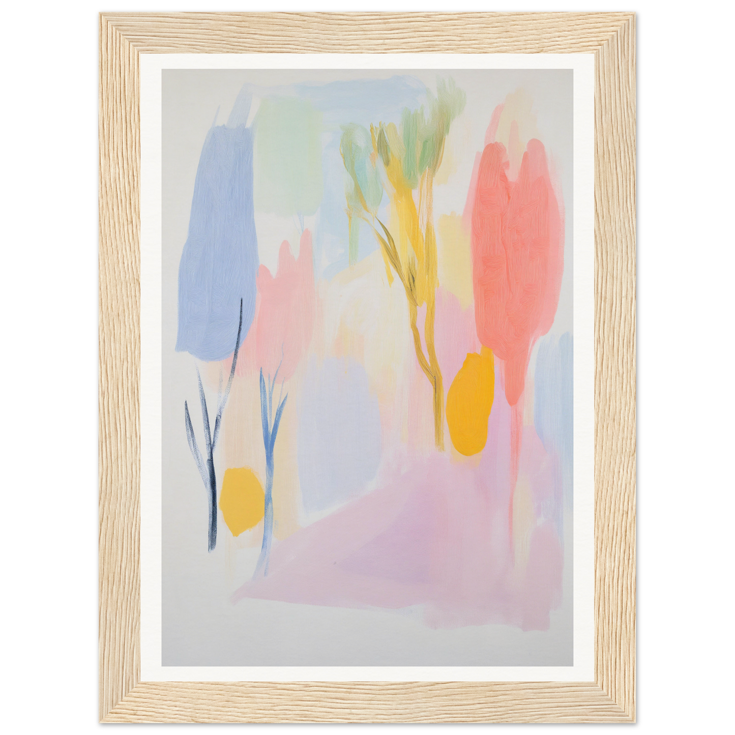 Framed wall art: abstract painting in pastel colors with a light wooden frame.