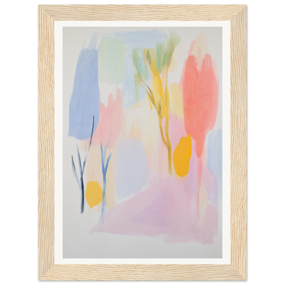 Framed wall art: abstract painting in pastel colors with a light wooden frame.