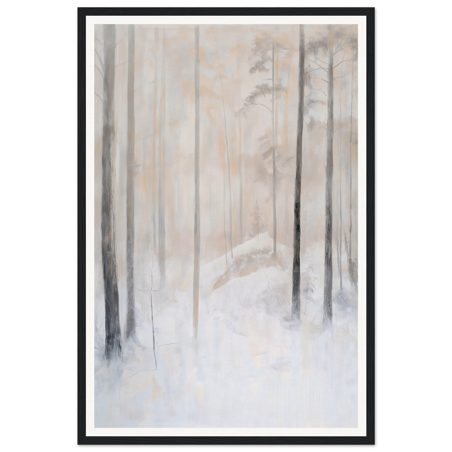 Framed wall art of tall trees in a snowy forest with a soft, muted color palette.