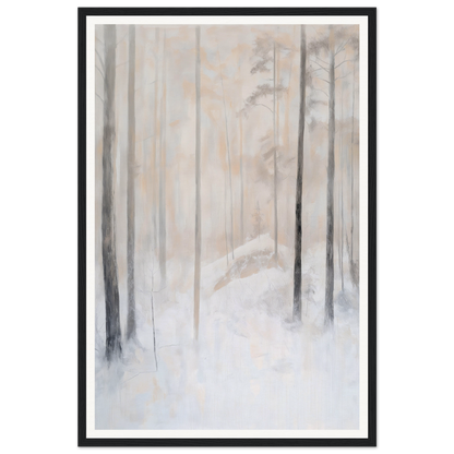 Framed wall art of tall trees in a snowy forest with a soft, muted color palette.