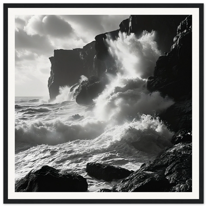 Dramatic black and white ocean waves crashing on cliffs for Ephemeral Stone Symphony framed poster