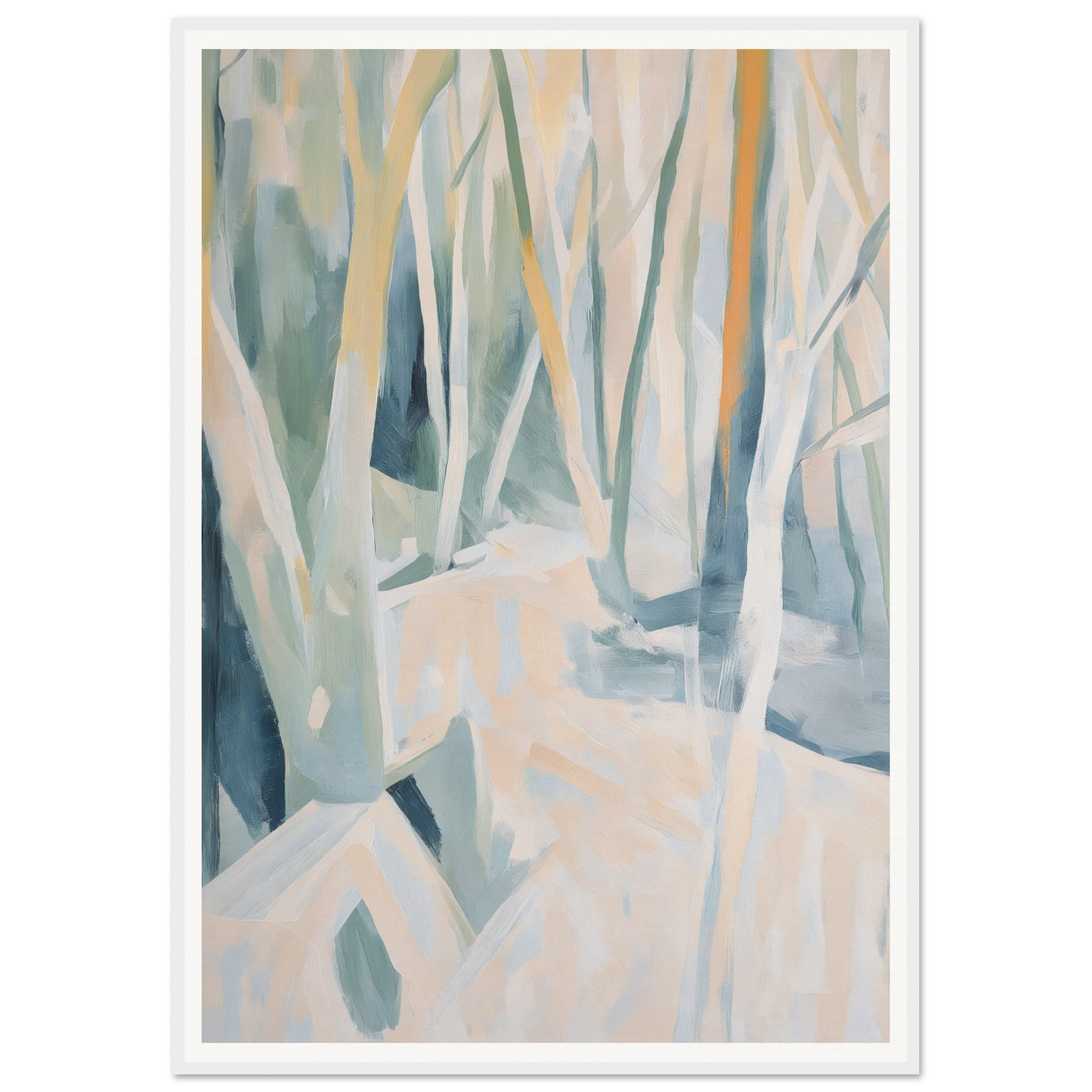 Framed wall art: abstract forest with muted colors and geometric shapes.