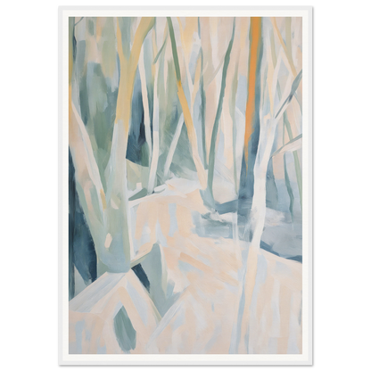 Framed wall art: abstract forest with muted colors and geometric shapes.