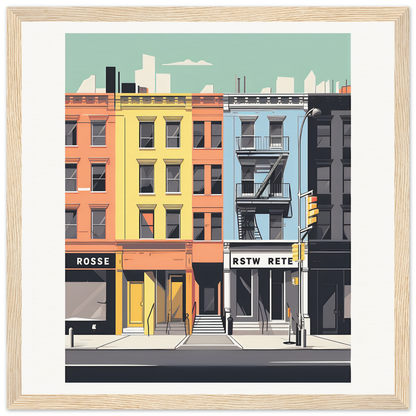 Colorful New York City-style apartments with storefronts in Sidewalk Dreams Aligning art