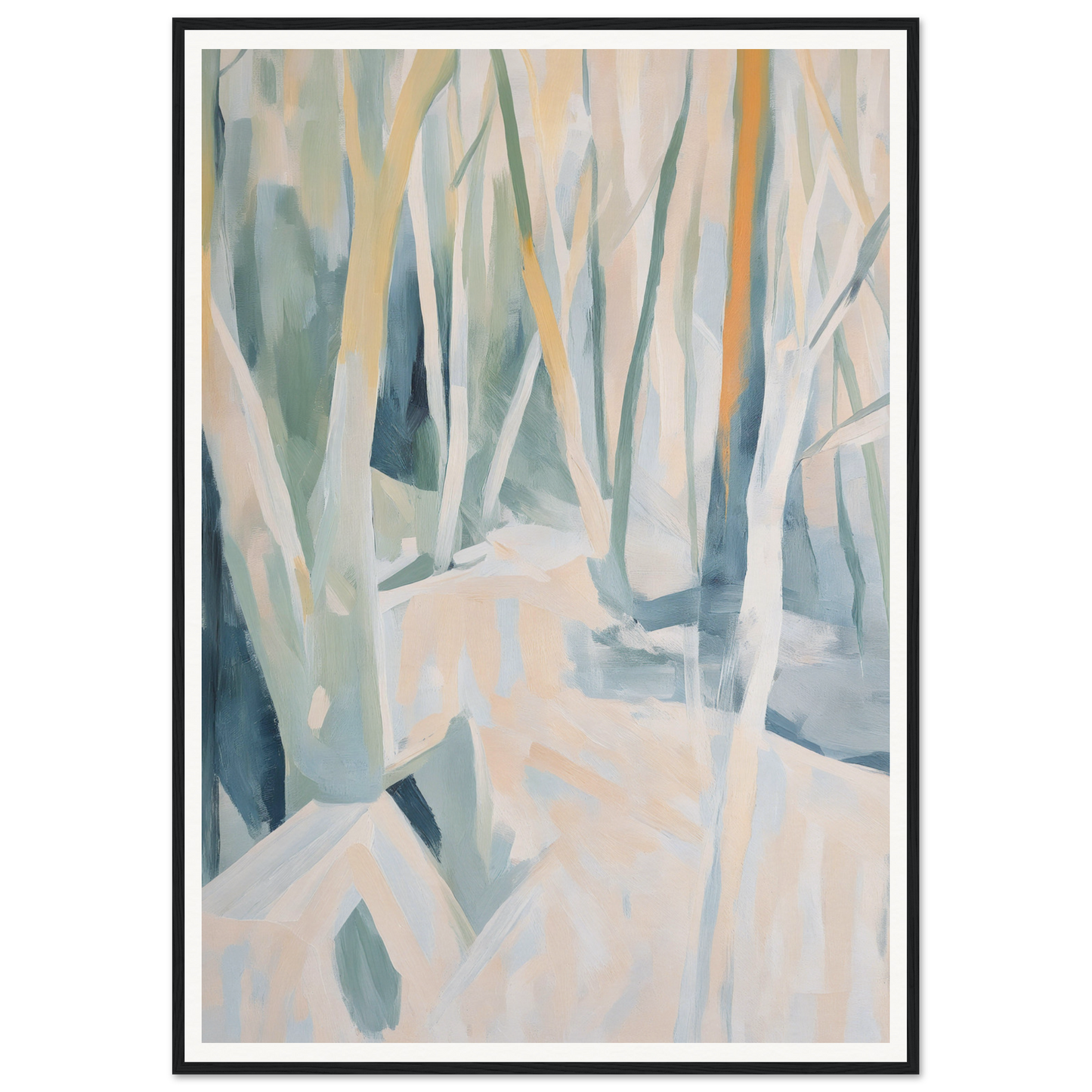 Framed abstract painting of a forest scene in muted earthy tones, perfect for room decor.